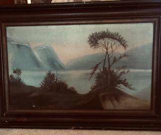 Vintage Oil Painting On Canvas Framed In Black Tropical Water Scene 1940’s