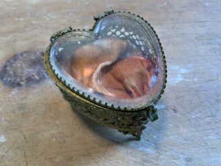 Antique Heart Shape Brass Ormolu Filigree Jewelry Trinket Box Beveled Glass Top