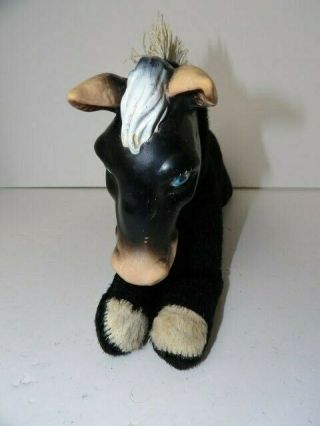 Vintage Plush Stuffed Rubber Face Toy Horse Black Horse With White Mane And Tail