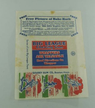 1933 Goudey Baseball Card Wax Pack Wrapper With Babe Ruth Offer