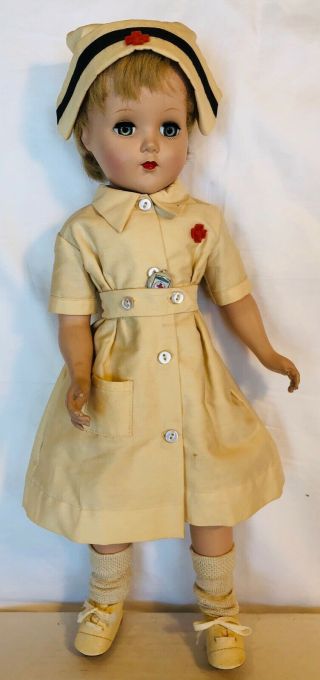 Charming Vintage Unmarked Hard Plastic Doll Dressed As A Nurse - 16 " Height