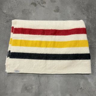 Vintage Faribo 100 Wool 3 Stripe Frontier Blanket Red Yellow Black 82” X 68”