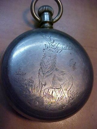 Antique 18 Size Silverine Pocket Watch Case Only With Engraved Deer/stag On Back