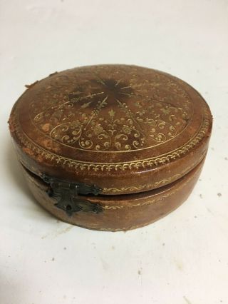 Antique Vintage Leather Round Jewelry Box W/ Gold Accents Italian - Roma