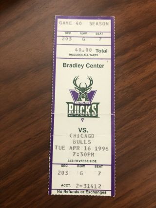 Chicago Bulls Win 70 @ Milwaukee Bucks/1996 Nba Ticket Stub/michael Jordan - 22pt