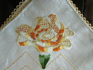 Antique 42 " Sq Linen Tablecloth Society Silk Golden Flowers Crochet Lace Trim
