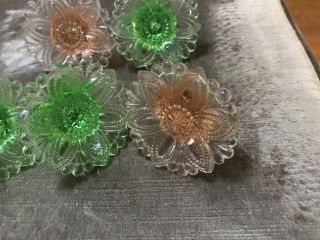 3 Antique Green Uranium Glass Drawer Pull Knobs and 2 pink 3
