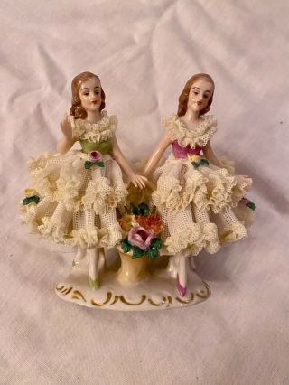 Antique German Dresden Lace Figurine Girls With Flowers
