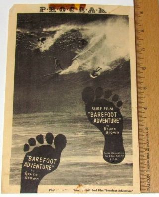 Vintage 1961 Bruce Brown Barefoot Adventure 2 Sided Surfing Movie Poster Program