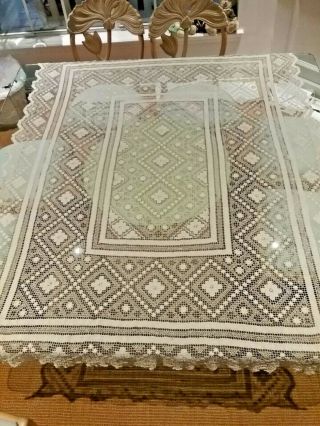 Antique Cream Hand Crochet Tuscany Cotton Lace Tablecloth/bedspread 60 " X80 "