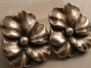 Large Size Antique Sterling Silver Pansy Clip Earrings Dress Clips,  Repousse,  Mrkd