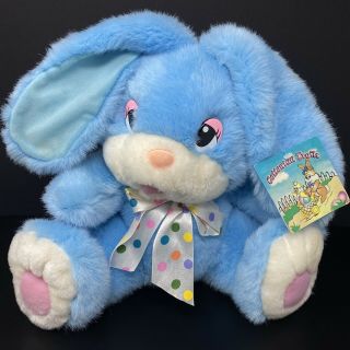 Vintage Blue White Bunny Rabbit Plush Stuffed Easter Pink Eyes Dots Bow W/tag
