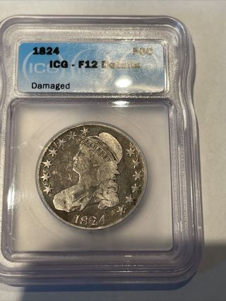 . 50 US Capped BUST HALF DOLLAR 2 1836 & 1824 ICG F12 & F15 Details Look 3