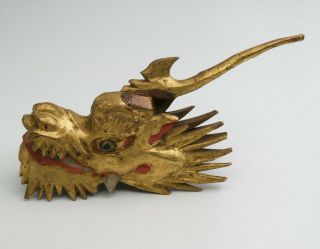 Antique Oriental Carved Wooden Gold Gilt Dragon Head Fragment