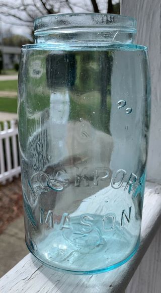 Antique Aqua Lockport Quart Mason Jar Sloped Shoulder 1900 - 1919 Zinc Lid Made Ny