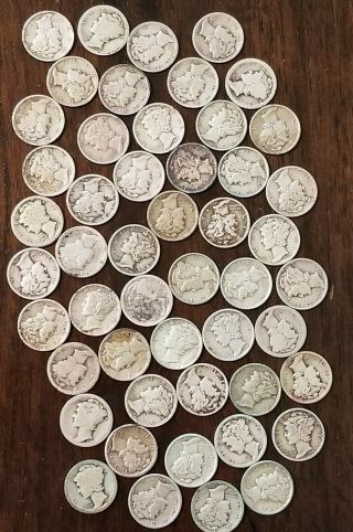 Full Roll (50) Circulated Mercury Dimes (10c),  4.  25 Oz 90 Silver (1916 - 1945)