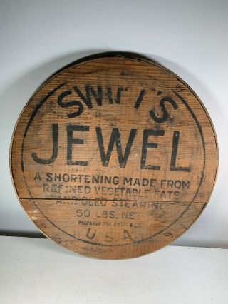 Vtg Antique Swift Jewel Lard Barrel Bin Lid Wood Advertising Sign Old Decor