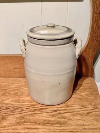 Antique Crock Stoneware Canning Preserve Jug 9” H With Lid