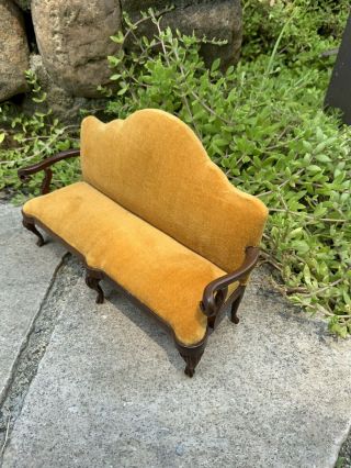 Vintage Sonia Messer Yellow Gold Velvet Wood Dollhouse Furniture Couch