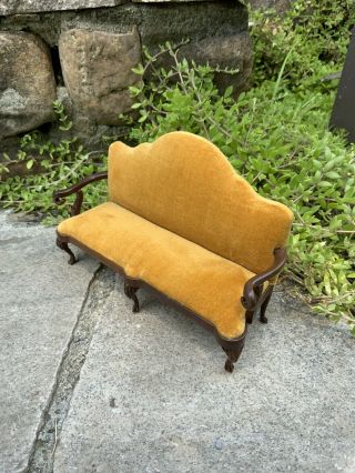 Vintage Sonia Messer Yellow Gold Velvet Wood Dollhouse Furniture Couch 2
