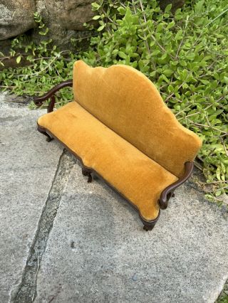 Vintage Sonia Messer Yellow Gold Velvet Wood Dollhouse Furniture Couch 3