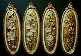 4 Vintage Oval 1974 Syroco 4 Seasons Gold & Antiqued White Floral Wall Plaques