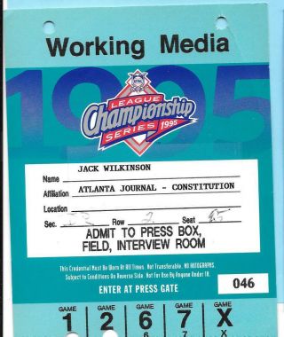 1995 National League Championship Series Media/press Pass Badge Braves/reds