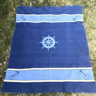 Vintage 50s North Star Woolen Mills Nautical Wool Throw Blanket Blue Reversible