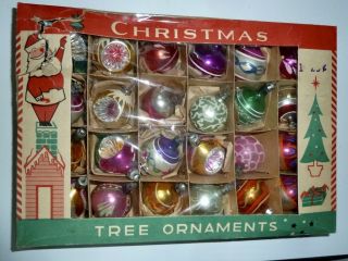 24 VTG 1940 ' S POLAND X - MAS FEATHER TREE GLASS ORNAMENTS TEARDROP BALL SHAPE,  BOX 2