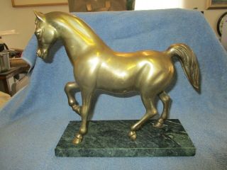 Vintage Solid Brass Horse On Green Marble Base Statue 9 1/4 Inch High