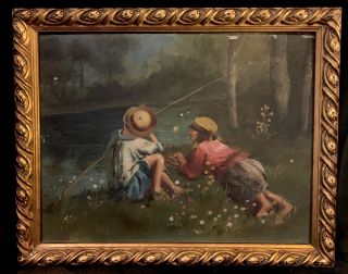 Antique Oil Painting Framed Bucks County Pa Sweet Fishing Couple
