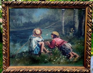 Antique Oil Painting Framed Bucks County Pa Sweet Fishing Couple 2