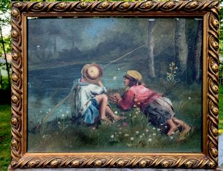 Antique Oil Painting Framed Bucks County Pa Sweet Fishing Couple 3