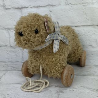 Eden Teddy Bear Plush 8 " Pull Along Toy Wooden Wheels Vintage Stuffed Animal