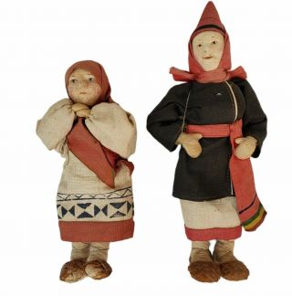 Two Antique Russian Stockinette Cloth Dolls Woman Shawl Mordva Soviet Union