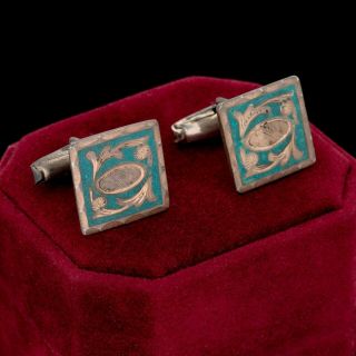Antique Vintage Nouveau Sterling Silver Turquoise Chased Mens Cufflinks 10.  8g