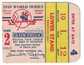 1949 World Series Ticket Stub,  York Yankees Vs.  Brooklyn Dodgers