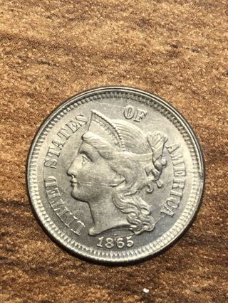 1865 3 Cent Nickel 3cn Rare Die Clashes Brilliant Uncirculated Bu Lustrous