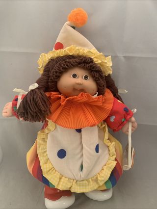 Vtg Cabbage Patch Kid Clown Girl Doll W/dimples,  Pig Tails,  Mask & Stand Euc