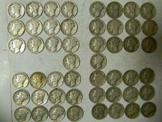 One Roll 50 Coins $5 Face 1916 - 1945 Mercury Dimes A Classic American Coin Md 15