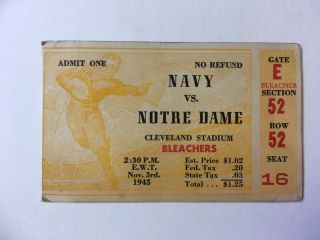 Vtg November 3 1945 Navy Vs Notre Dame Football Game Ticket Stub