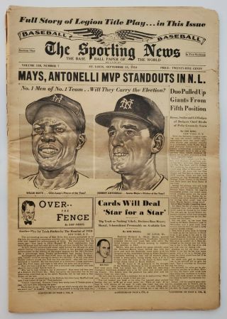Vintage The Sporting News Newspaper Willie Mays September 15 1954 Mlb Ephemera