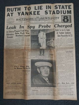 Babe Ruth Death - Yankees - Baseball - 1948 Baltimore Newspaper