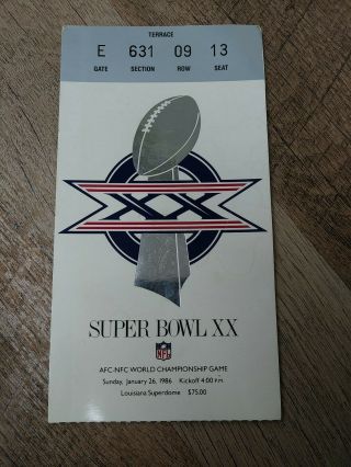 Bowl Xx 20 Nfl Ticket Stub 1985 1986 Chicago Bears Patriots Silver