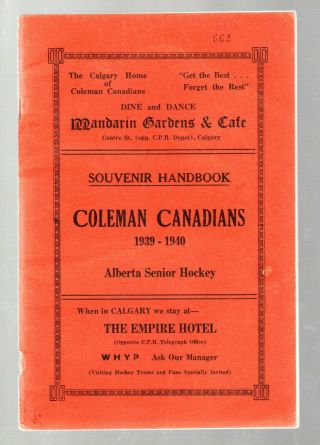 1939 - 40 Ashl Hockey Program: Edmonton Flyers At Coleman Canadians,  Jan 12,  1940