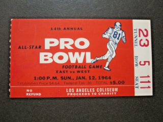 Vtg 1964 Nfl 14th Pro Bowl Ticket Stub Los Angeles Ca Coliseum Johnny Unitas Mvp