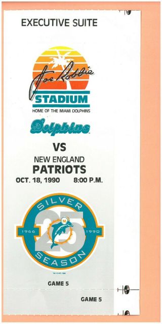 England Patriots @ Miami Dolphins 10 - 18 - 1990 Nfl Ticket Topps Dan Marino Hof