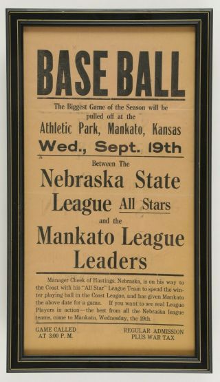1923 Nebraska State All - Stars Vs Mankato League Leaders Baseball Broadside