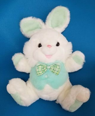 Vtg.  Main Joy Bunny Rabbit Plush Stuffed Animal Green Bowtie Pastel White