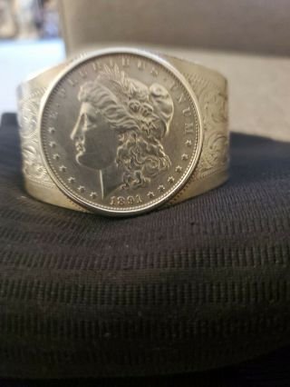 1891 - S Morgan Silver Dollar Cuff Bangle Bracelet Sterling Silver 6.  5 "